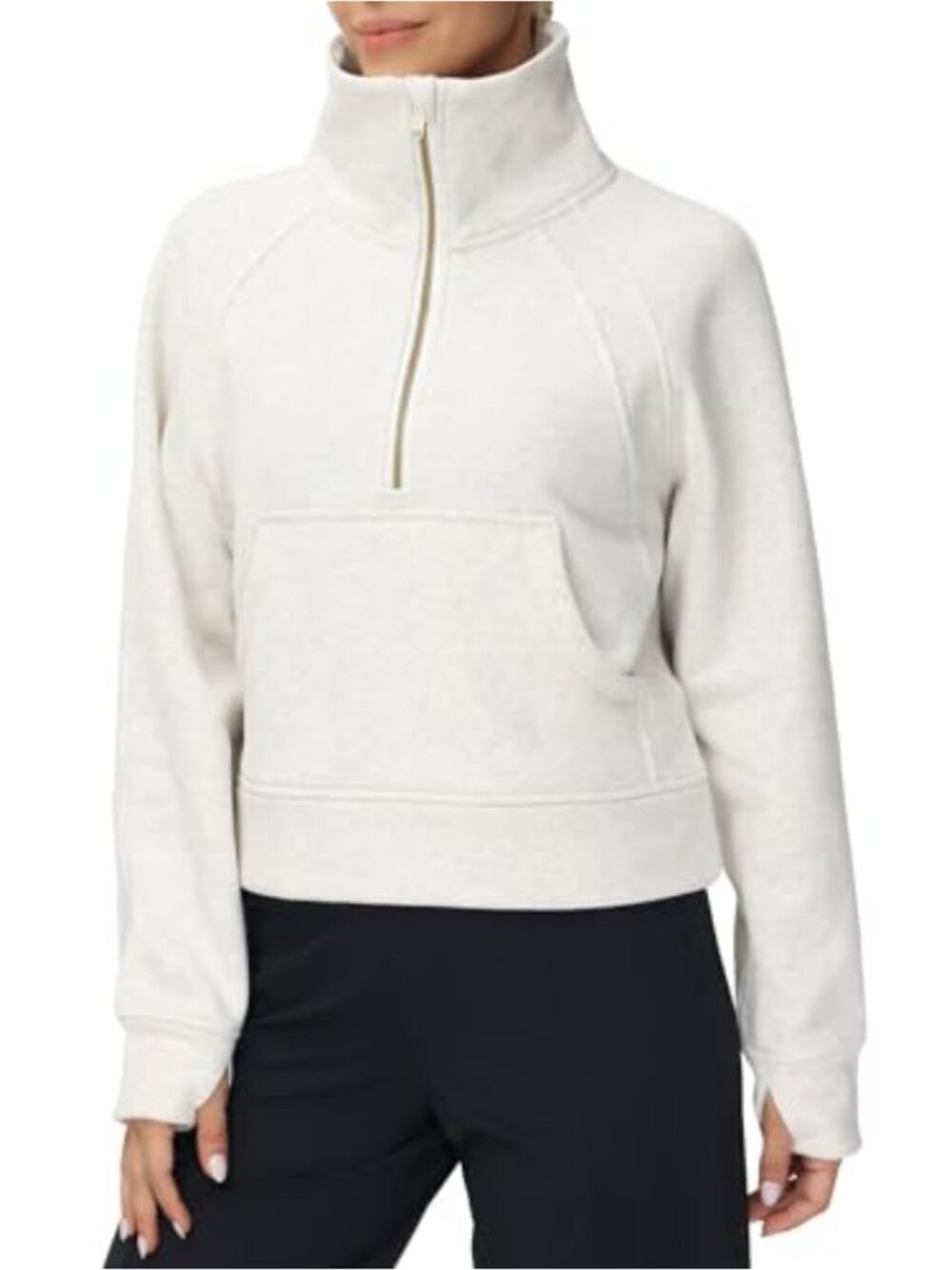 Women's Half Zip Fleece Pullover Sweatshirt Stand Collar Thumb Holes Kangaroo
